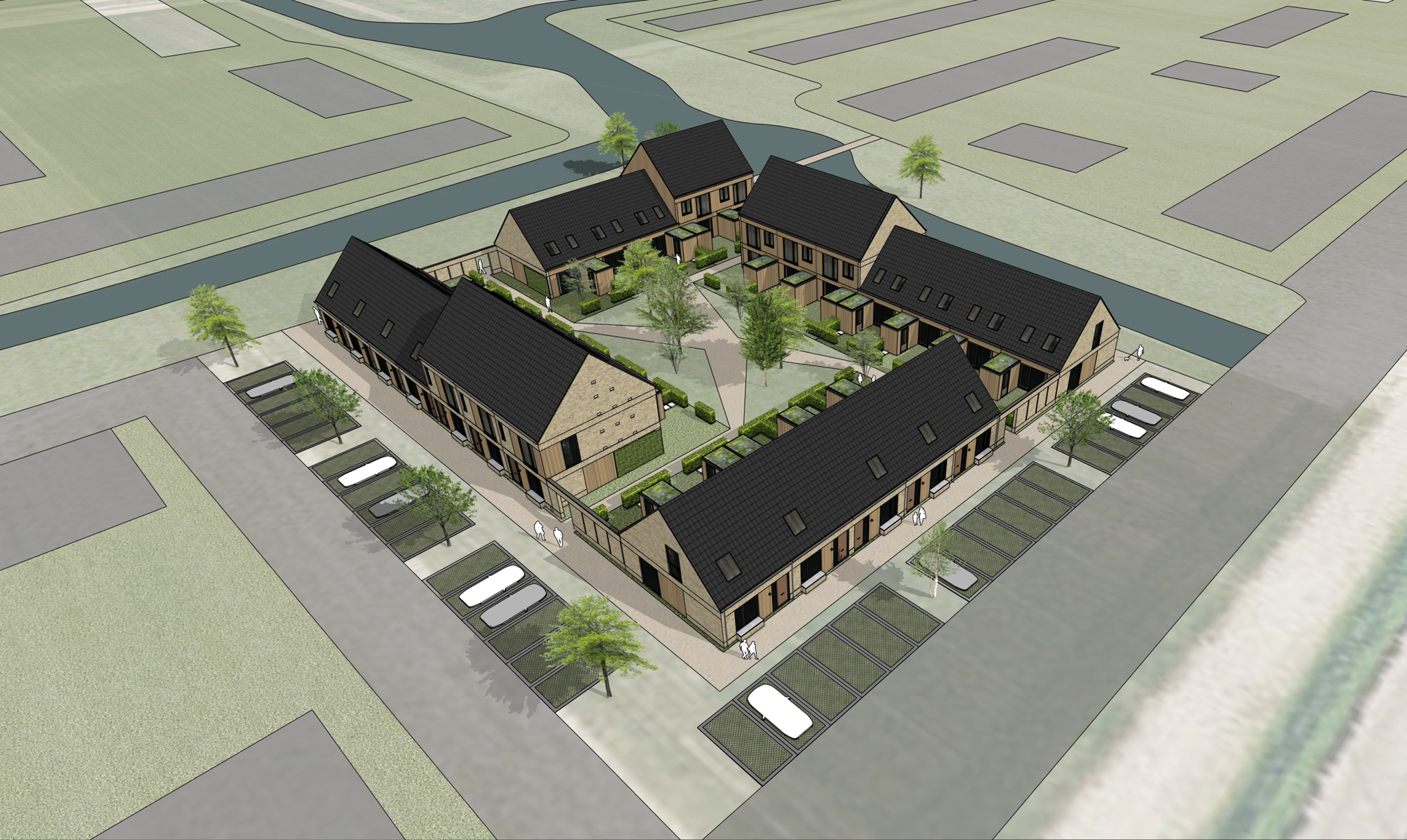 Emmelhage 3 B 24 Hofwoningen bovenaf met tuinen